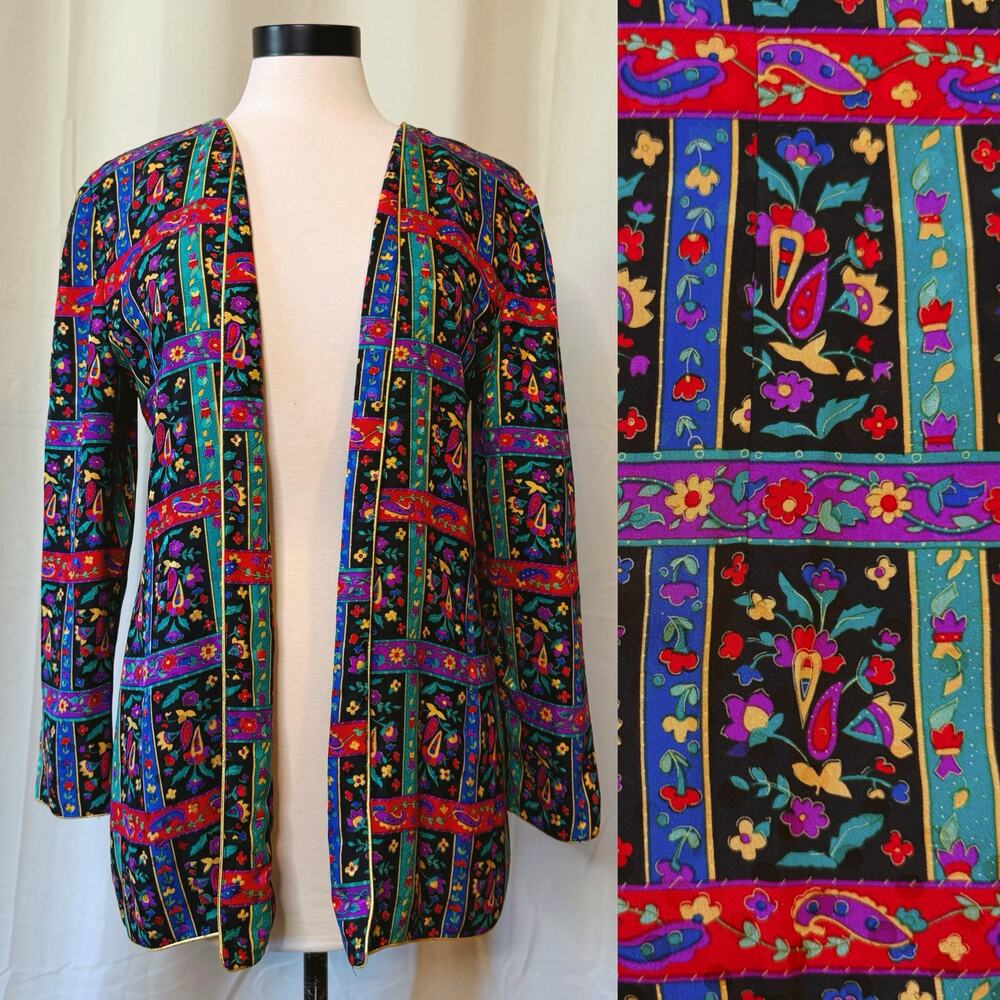 VTG 80s Maggy London 100% silk Flower Power Paisley Print Blazer Cardigan